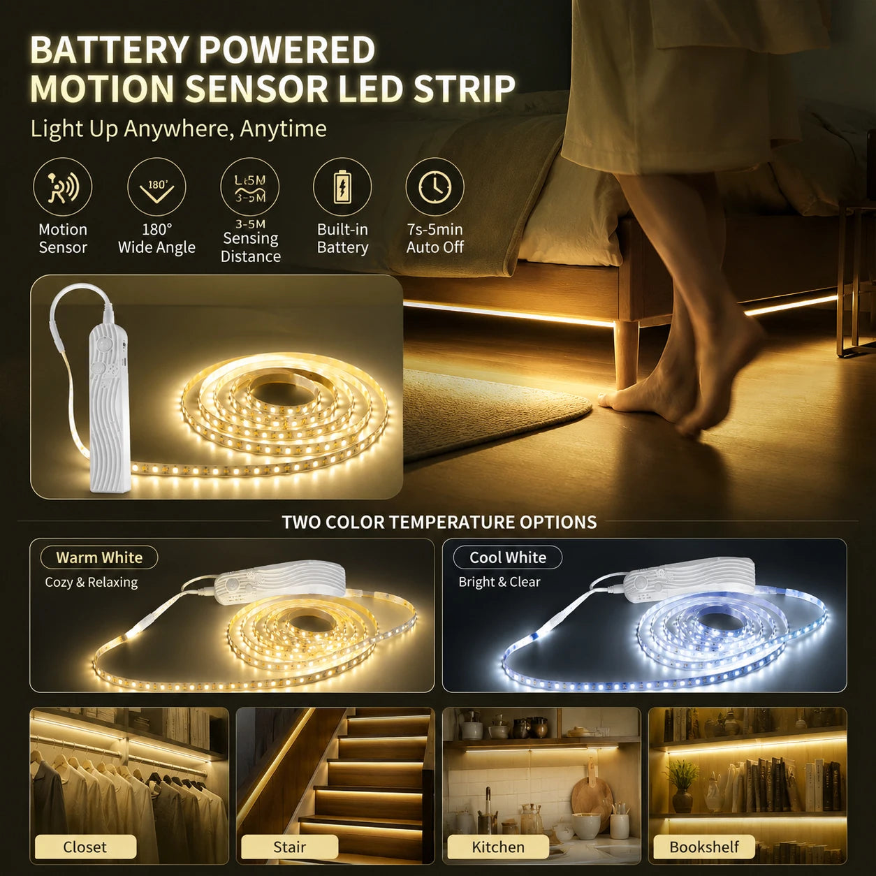 Motion LED Strip Light — Soft Motion-Activated Lighting — Peel, Stick, Glow